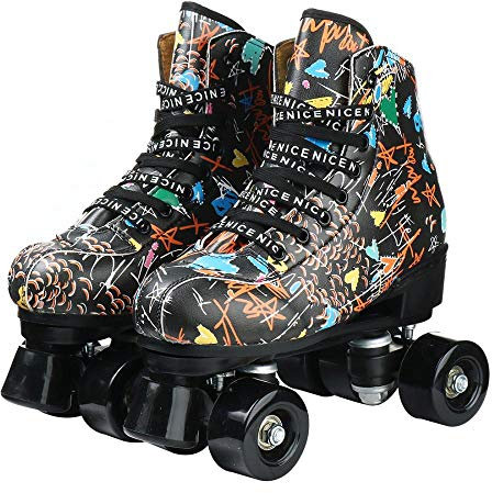 Damen Rollschuhe Graffiti High-top zweireihig Leder Erwachsene Rollschuhe Outdoor Vierrad Doppelskates für Mädchen Unisex