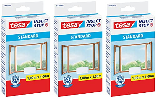 tesa Insect Stop STANDARD Fliegengitter für Fenster - Insektenschutz zuschneidbar - Mückenschutz ohne Bohren - 1 x Fliegen Netz weiß (1,0m:1,0m, 3 Stück, Weiß (Leichter Sichtschutz))
