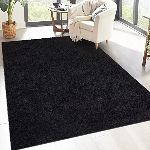 carpet city - Tappeto a pelo lungo per soggiorno, modello Shaggy, in tinta unita, colore: nero, 150 x 150 cm, quadrato, morbido e soffice