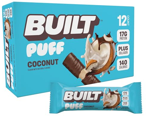 BUILT Bar Puff Protein Bars - Coconut - 17g Protein Snack Bars with Collagen - Calorie Conscious & Gluten Free - 12 Count