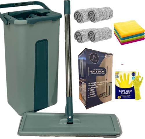 SWISSPACK *Bundle *Floor Mop and Bucket Set(Gloves Inc) − Easy and Simple Squeeze Mop Bucket, Flat Mop with 4-Pack Replacement Machine Washable Microfibre Mop Pads for All Floors Types (Green)