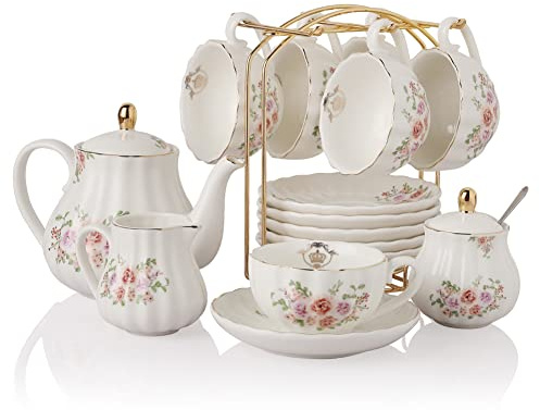 Porcelain Tea Sets British Royal Series, 8 OZ Cups & Saucer Service for 6, with Teapot Sugar Bowl Cream Pitcher Teaspoons and Tea Strainer, Suitable for High Tea, Wedding, Party（Rose Flower）