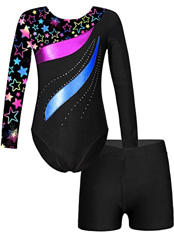 CHICTRY Kids Girls Long Sleeve Gymnastics Leotard Workout Bodysuit with Shorts 2 Pieces Set Tracksuit Tumbling Dance Outfits Star Black 7-8 Years