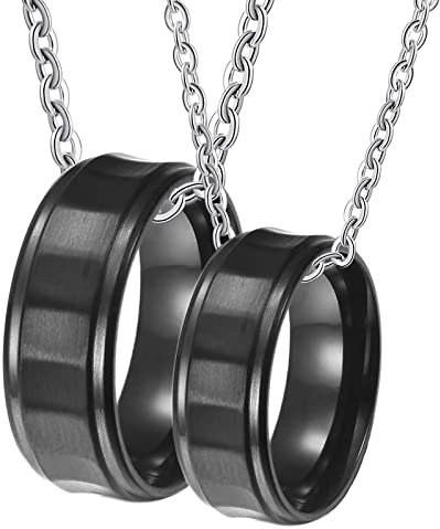 BCughia Partner Ketten mit Gravur, Partner Kette Ring Schwarz Kette Personalisiert 8 mm Schwarzer Gebürsteter Ring Halskette für Freund