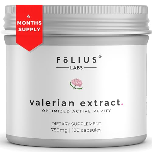 FOLIUS LABS Valerian Root 4:1 Extract Capsules 750mg – Optimized Active Purity – 4X Concentration Valerian Root Extract Supplement - Gluten Free, Non-GMO - Promotes Relaxation - 120 Capsules