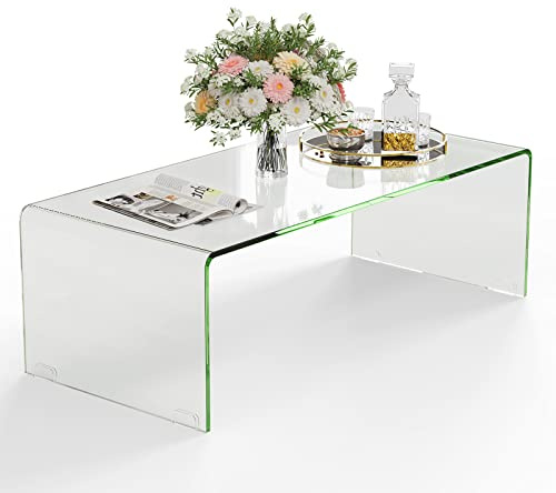 GOPLUS Mesa de centro de cristal, mesa de salón en forma de U con bordes redondeados, mesa de café transparente para salón y oficina, soporta 30 kg