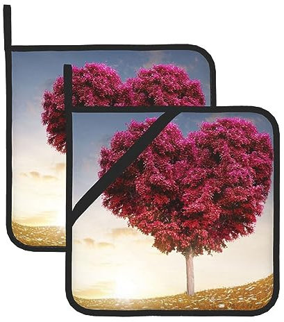 Set di 2 presine a forma di albero a forma di cuore in rosso, resistenti al calore, antiscivolo, con tasche, per cucina, cottura, barbecue