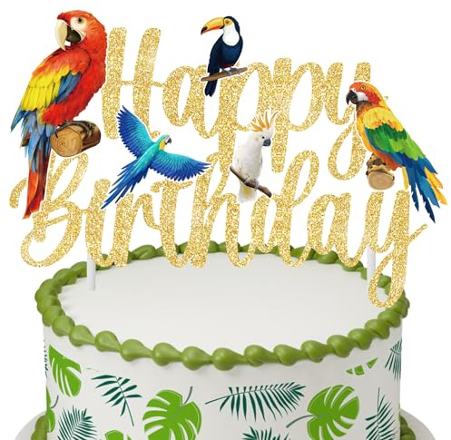 CANDY CHEF Tropical Bird Birthday Cake Topper - Parrot Happy Birthday Cake Pick - Party Decoration for Birds Themed Baby Shower Supplies