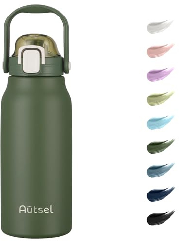 Autsel Edelstahl Trinkflasche mit Strohhalm 1.7L Flasche Große Trinkflasche aus Metall Outdoor Flasche BPA-freikanne für Camping Fitness | Auslaufsichere Metallflasche, Tragbare Outdoor Trinkflasche mit Tragegriff für Fitness, Camping, Wandern und Sport