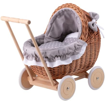 e-wicker24 Alles aus Weide Korbpuppenwagen mit Holzuntergestell – Vintage-Stil, wunderschöne Dekoration für Fotoshootings Sammler-Puppenwagen aus Weide (Grau1)