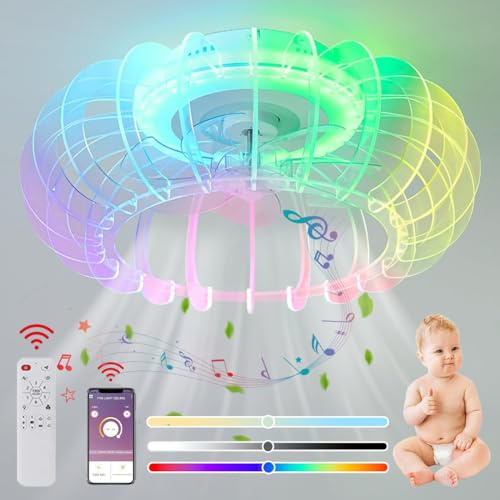 RGB Leise Deckenventilator mit Beleuchtung LED Deckenlampe mit Ventilator und Fernbedienung Dimmbare Kinderzimmer Lampe mit Bluetooth Lautsprecher Musik Deckenleuchte Schlafzimmer Spielzimmer Licht