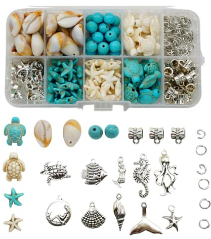 180 Stück Gemischte Türkis Perlen Blau Weiß Silber Seestern Schildkröte Muschel Ozean Charms für Schmuckherstellung Sommer Strand Meer Anhänger Halskette Armband Handwerk DIY Zubehör