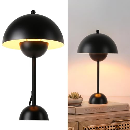 Alpinaluz Retro-Tischlampe aus Stahl – skandinavisches Design mit doppelter halbkugelförmiger Kuppel, indirektes Licht, E27-Sockel, für Nachttisch, Schreibtisch oder modernes Wohnzimmer (schwarz)