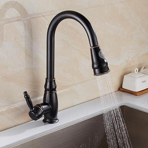 ZYCDP Wasserhahn Küche Retro Ausziehbar, Küchenarmatur 360° Drehbar Einhebelmischer Küche Mischbatterie Waschbecken Messing Schwarz Antiquität
