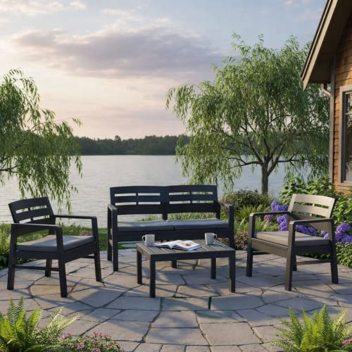 Dmora Set Salotto da Esterno Massa, Composizione da Giardino con 2 poltrone, 1 Divano ed 1 tavolino, Salottino Indoor e Outdoor con Cuscini, 100% Made in Italy, Antracite