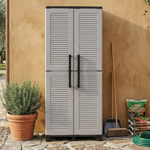 Dmora - Veurne-Außengarderobe, Besenschrank, 2-türiger Außenschrank, 100 % Made in Italy, 68 x 37 x 169 cm, Hellgrau und Schwarz, gestreifte Oberfläche