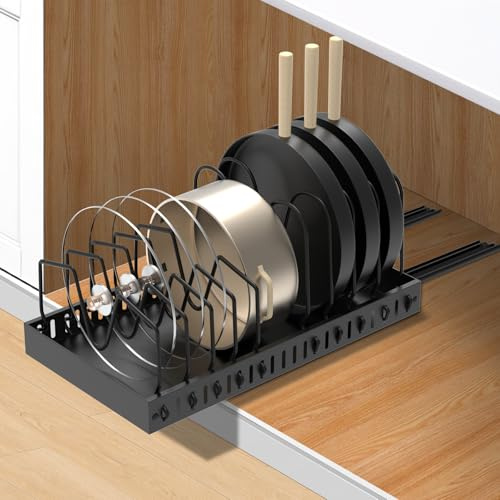 FLSEPAMB Porte-couvercles de casserole, tiroir extensible avec 10 compartiments réglables, organisateur de couvercles de casserole en métal pour ustensiles de cuisine, poêles, casseroles, couvercles