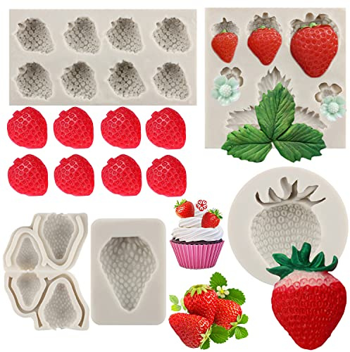 MYRACS3D - Moldes de silicona con diseño de flores de fresa, fondant, fresa para decorar tartas, chocolates, dulces, cupcakes, decoración de arcilla polimérica, juego de 4