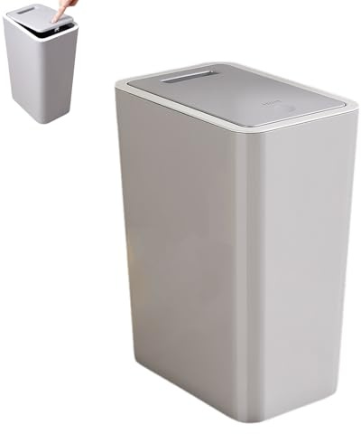 9L Slim Bathroom Bin with Touch Top Lid - Dog-Proof Plastic Narrow Trash Can (Grey) for Bedroom, Office, Living Room, Kitchen, Toilet