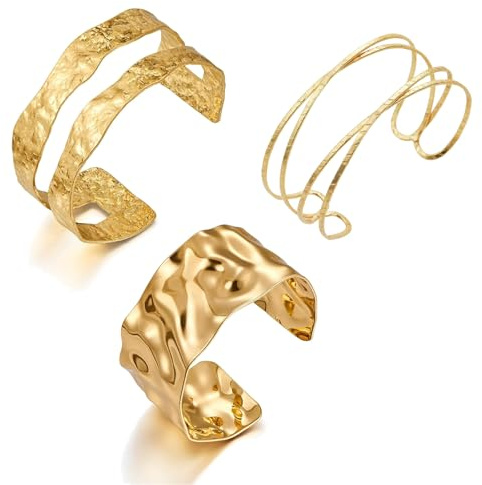 3 PCS Gold Arm Cuff, Bangle, Bracelet for Women, Smooth Shaped Fashion Armband Jewelry Accessories, Minimalist Simple Armlet Wedding Fashion (Golden)