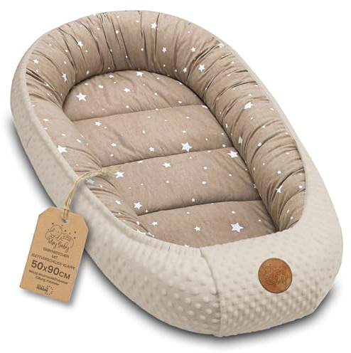 Baby Nest morbido per Neonato – Nido soffice coccoloso e portatile per Lettino Culla Carrozzina Cameretta Viaggio – accogliente caldo Bimbo e Bimba 90x50 cm Beige con Stelle Bianche