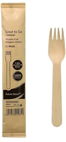 Monouso | 25 Tenedores de Madera Enfundados Individuales, 16cm, Color Natural, Desechable, Compostable, Tenedores para Camping, Picnic, Aperitivos, Catering