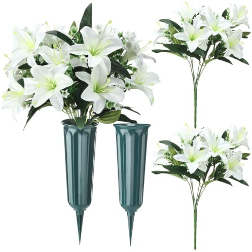 Wavwavw Easter Memorial Lily Bouquets Artificial Lily Flowers Decoration White Fake Lily for Spring Real Touch Plastic Lily with Vase Set for Easter Themed Party Cemetery Graveyard Decor