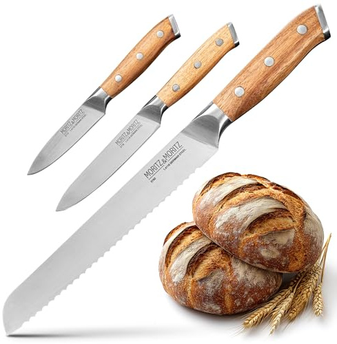 Moritz & Moritz Starter Messerset 3-teilig bestehend aus Universalmesser, Brotmesser und Gemüsemesser – ultrascharf, Ergonomisch und langlebig für präzise Schnitte - Messer Set perfekt für Hobbyköche
