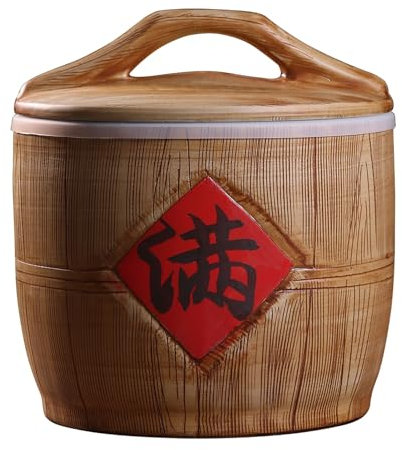 Ceramic Rice Container, Chinese Jar Ceramic Decorative, Grain Dispenser Food Storage Jars, Kitchen & Pantry Organization for Rice, Soybeans, Corn, Flour, Oatmeal(Wood 1,32.5 * 33.7cm/13 * 13.5in)