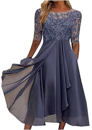 Kleid Damen Chiffon Sommerkleid Kurzarm V-Ausschnitt Partykleid Lange Cocktailkleid Große Größen Festliches Ballkleid Chiffon Mesh Spitzenkleid Elegant Brautjungfernkleid High Waist Midikleid