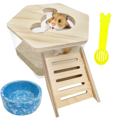 Hamiledyi Hamster Sand Bath Box Transparent Gerbil Digging Sand Container Acrylic Small Dwarf & Syrian Hamster Shower Bathtub with Climbing Ladder Bowl and Scoop Cage Accessories for Lemmings