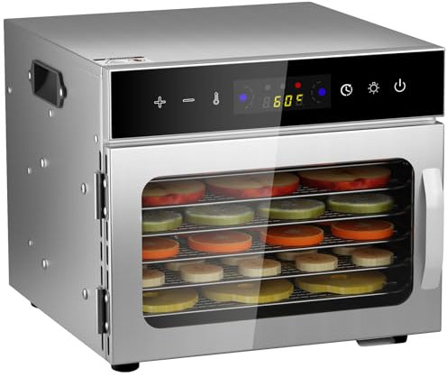 Deshidratador de Alimentos Acero Inoxidable Libre de BPA, Deshidratadora de Frutas y Verduras con Pantalla LCD, Temperatura 30-90℃, Temporizador, Hierbas, Nueces, Yogurt, 8 Bandejas, 500W (6 platos)