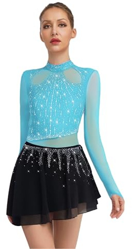 TTAO Damen Tanzkleid Eiskunstlauf-Kleid Strass Langarm Ballettanzug Tango Mesh Patchwork Trikot Kleider Eislaufen Wettkämpfe Bekleidung Hellblau S