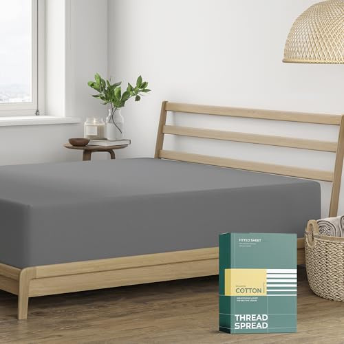 THREAD SPREAD 100% Organic Cotton Percale Weave Fitted Sheet Twin XL Size, Dark Grey, 1 Deep Pocket Twin XL Fitted Sheet, Fits Mattress Upto 16 Crisp and Cool Bed Linen, Luxury GOTS Certified Sheets