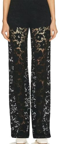 Auriselle Pantalones de Encaje Bordados Transparentes para Mujer Y2K con Cintura Alta y Pierna Recta Cintura Elástica Pantalones de Malla Street Rave para Discotecas, Negro, L