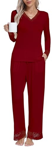 softconnection Women’s Loungewear Set Viscose Spandex Long Sleeve Pyjama Set with Lace Trim & Pockets - Ultra Soft, Breathable (UK, Alpha, M, Regular, Regular, Merlot)