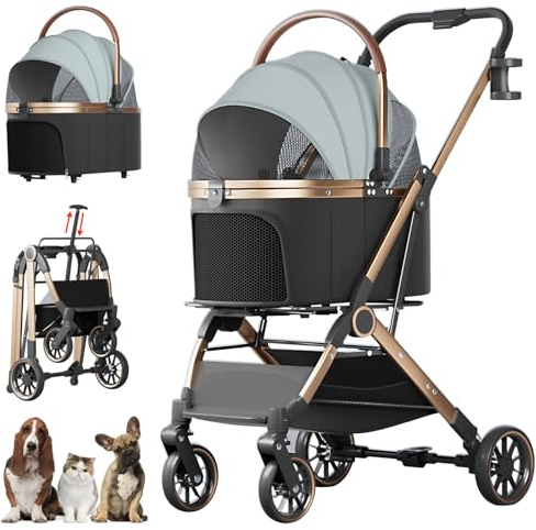 4 Wheels Pet Stroller for Small Medium Dogs Cats Up to 45 lbs Folding Dog Stroller with Detachable Breathable Carrier Suitable for Car Seat, Hand Carry & Travel, All Terrain, 3 in 1 Multifunctional