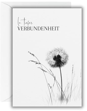 WBdesignz Trauerkarte „In tiefer Verbundenheit“ mit weißem Umschlag – Edle Beileidskarte mit Pusteblumenmotiv – Hochwertige Kondolenzkarte für Anteilnahme, Beileidsbekundungen & stille Worte (DIN A6)