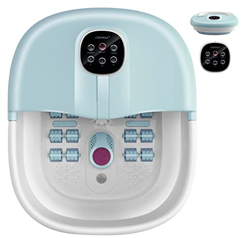 COSTWAY Foot Spa Bath Massager, Folding Electric Pedicure Footbath with Heat Bubbles, Timer, Adjustable Temperature, Pumice Stone and Massage Rollers, Home Foot Soaking Tub for Relief (Light Blue)