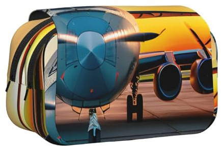 KPXXAQT Aircraft Plane at Sunsets Print Double Layer Pen Pouch 2 Pockets Pencil Box Travel Office Art Supplies Easy Clean