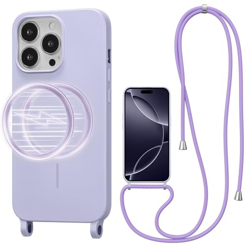UCASONG Magnetic Case for iPhone 13 Pro with Lanyard, Lilac | Compatible with MagSafe, Crossbody Liquid Silicone Case, Soft Shockproof Protective Cover, with Adjustable Neck Cord Strap
