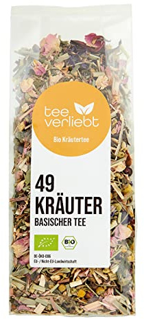 teeverliebt - Basischer Kräutertee Bio 90 g I loser Tee mit 49 erlesenen Kräutern I Basischer Wohlfühl-Tee mit Löwenzahn Alantwurzel Salbei Brennessel Zimt Apfel uvm. I Bio-Basen-Tee lose I 90g