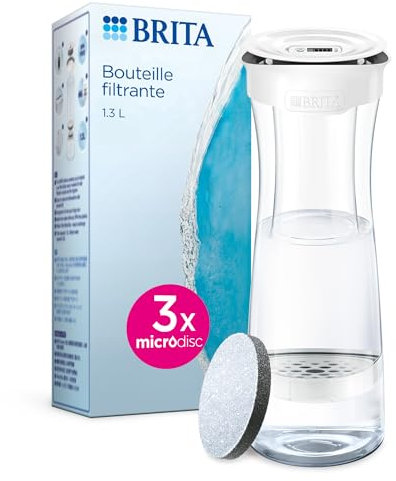 BRITA bouteille filtrante blanc graphite (1,3 L), 3 filtres MicroDisc inclus - Réduit** certains PFAS***, le chlore, des particules fines