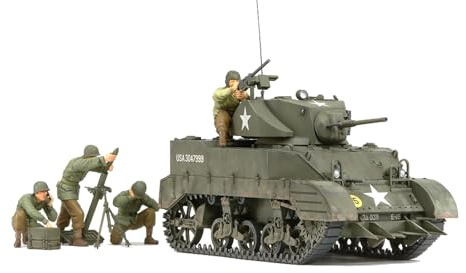 Tamiya 300035313 - 1:35 WWII US M5A1 Leicht Panzer mit Mörser (4), grün, Mehrere Farben