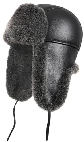 Zavelio Fliegermütze aus Echtem Lammfell & Leder - Unisex Wintermütze Warm Gefüttert - Uschanka Russenmütze für Damen & Herren - Trapper Mütze Schwarz, L