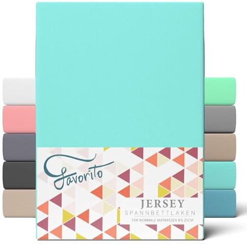 Favorito Jersey Spannbettlaken 90x200 cm Baumwolle Rundumgummi Aqua | Rundumgummi · Steghöhe 15–25 cm · Trocknergeeignet · 130 g/m² · 100% Baumwolle · 60°C waschbar · STANDARD 100 by OEKO-TEX