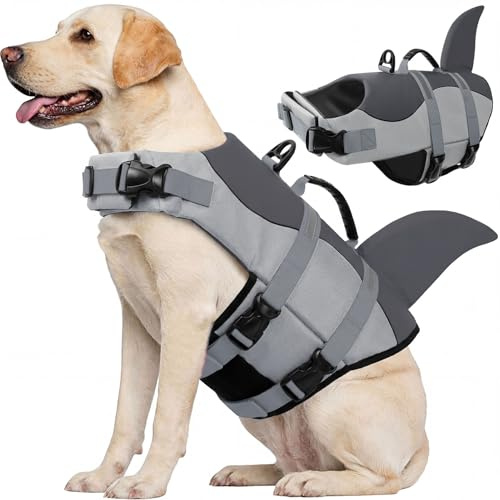 CITÉTOILE Schwimmweste Hund Hai, Hundeschwimmweste mit Griff, Grau, XL | Verstellbar Rettungsweste mit Reflektoren, Dog Life Jacket für Kleine Mittel Große Hunde zum Schwimmen, Bootfahren, Surfen