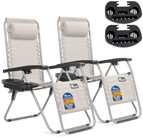 SUNMER Sun Lounger Garden Chairs - Set of 2 Zero Gravity Chairs with Cup & Phone Holder, Adjustable Headrest & Pillow - 30° to 90° Folding Deck Recliner - Professional Outdoor Seating - Grey