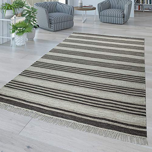 TT Home Handwebteppich Im Modernen Streifen Design Mit Fransen Hochwertige Grau Schwarz, Größe:160x230 cm