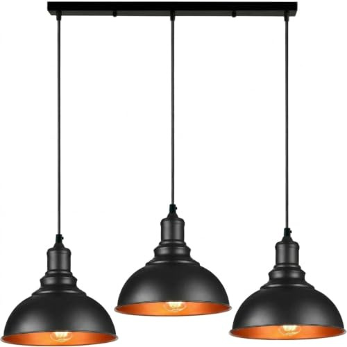 LEDSone Industrielle Pendelleuchte mit drei Köpfen, verstellbares Kabel, 95 cm, Metall-Lampenschirm, Retro-Industrie-Decke, E27-Fassung für Küche und Restaurant (Schwarzes inneres Gold) | Retro Industrie-Deckenleuchte mit verstellbarem Kabel. Geeignet für Küche und Restaurant. Lampenschirm aus Metall.
